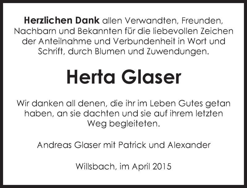  Traueranzeige für Herta Glaser vom 25.04.2015 aus 