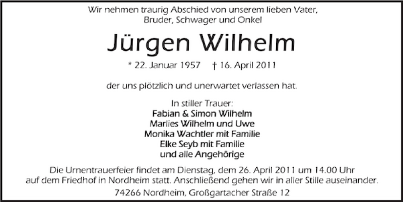  Traueranzeige für Jürgen Wilhelm vom 21.04.2011 aus 