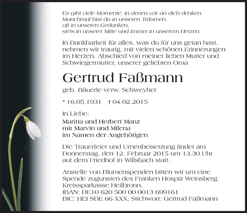  Traueranzeige für Gertrud Fassmann vom 07.02.2015 aus 