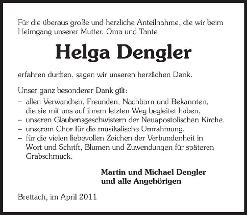  Traueranzeige für Helga Dengler vom 23.04.2011 aus 