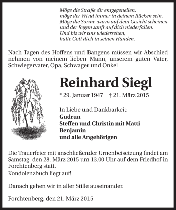 Traueranzeige von Reinhard Siegl 