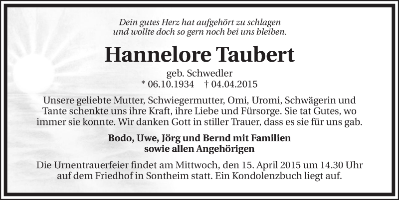  Traueranzeige für Hannelore Taubert vom 08.04.2015 aus 