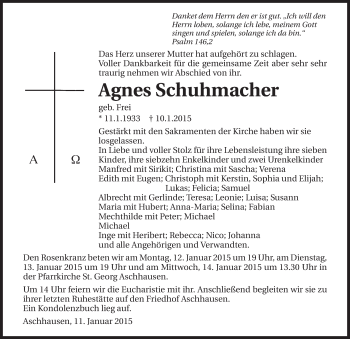Traueranzeige von Agnes Schuhmacher 