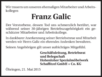 Traueranzeige von Franz Galic 