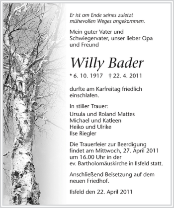 Traueranzeige von Willy Bader 