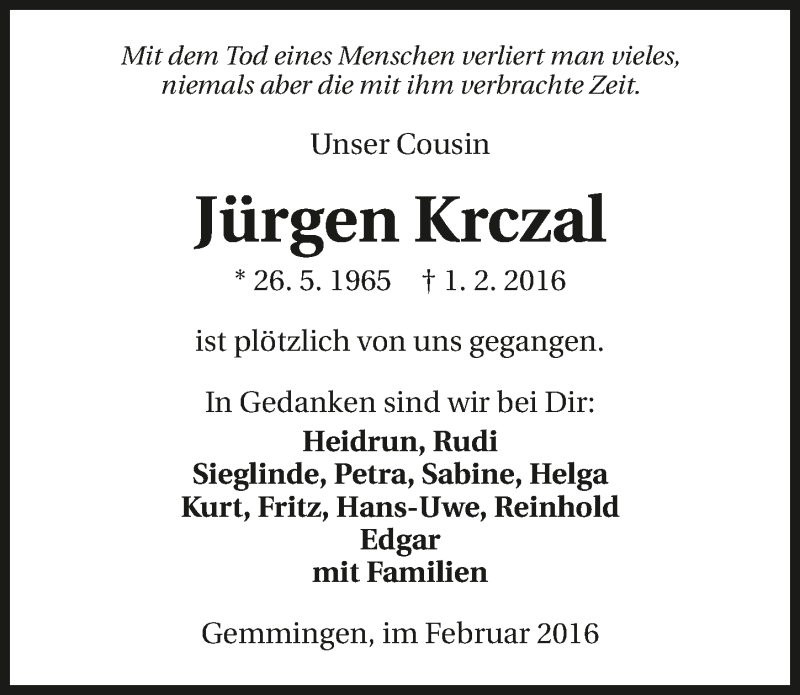  Traueranzeige für Jürgen Krczal vom 13.02.2016 aus 