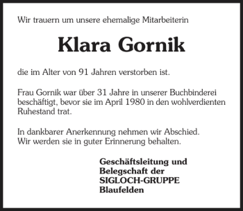 Traueranzeige von Klara 1-290-1000 Gornik 