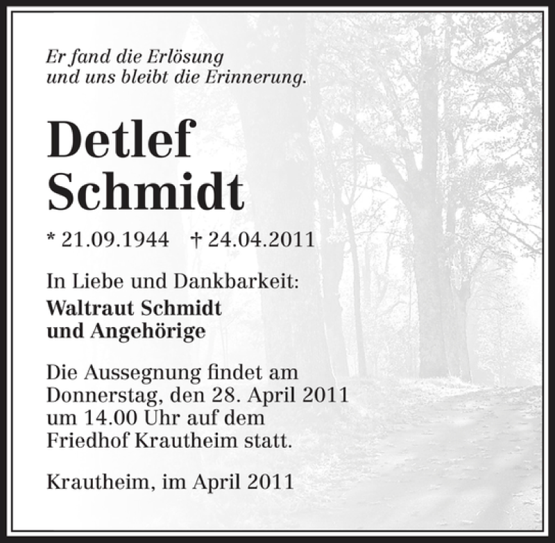  Traueranzeige für Detlef Schmidt vom 27.04.2011 aus 