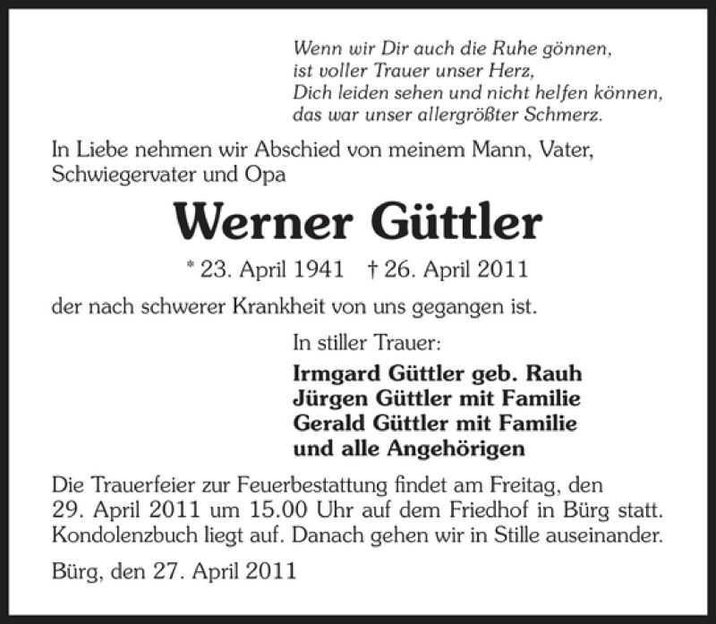  Traueranzeige für Werner Güttler vom 27.04.2011 aus 