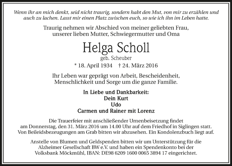  Traueranzeige für Helga Scholl vom 29.03.2016 aus 