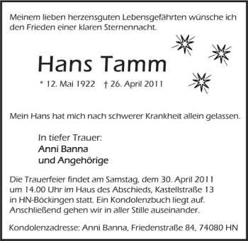 Traueranzeige von Hans Tamm 