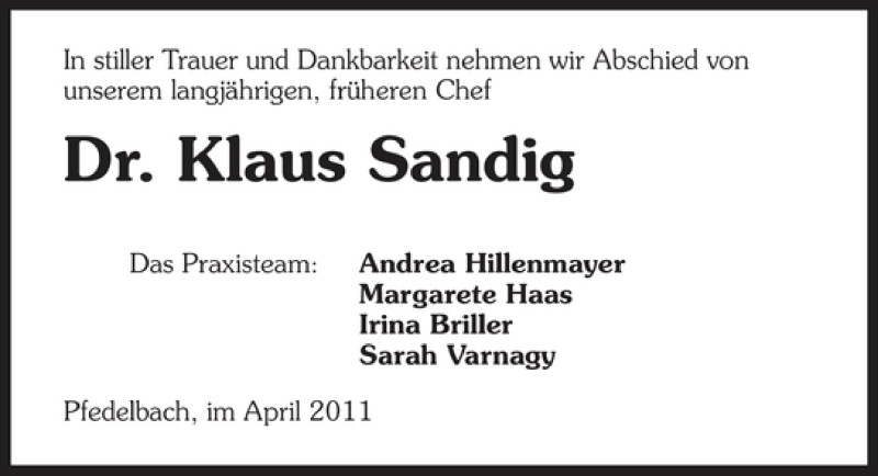  Traueranzeige für Dr. Klaus Sandig vom 28.04.2011 aus 