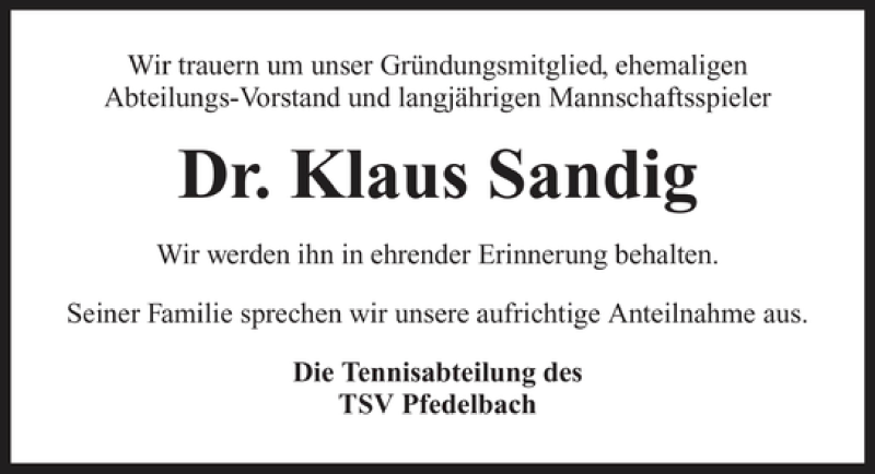  Traueranzeige für Dr. Klaus Sandig vom 28.04.2011 aus 