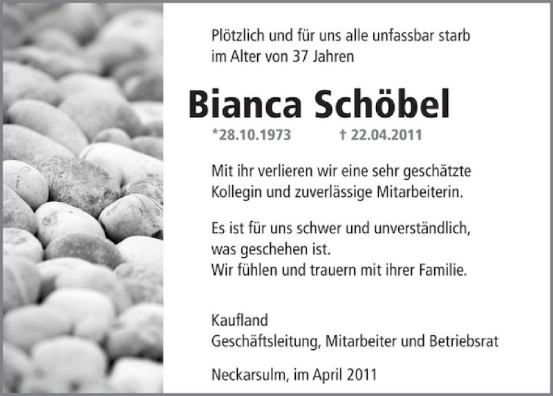  Traueranzeige für Bianca Schöbel vom 28.04.2011 aus 