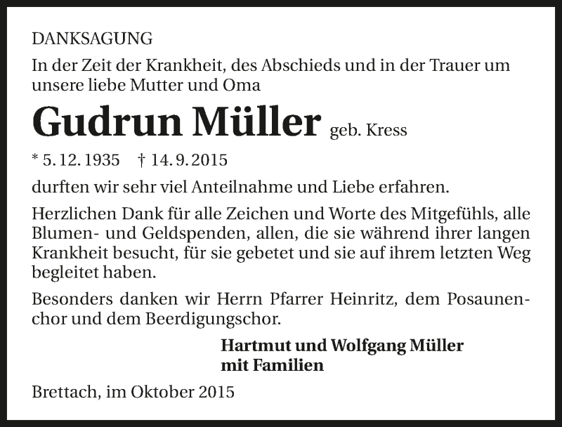  Traueranzeige für Gudrun Müller vom 15.10.2015 aus 