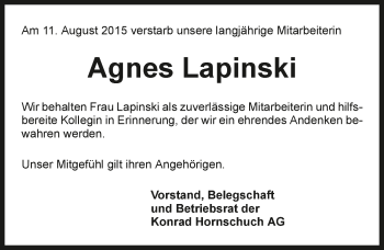 Traueranzeige von Agnes Lapinski 