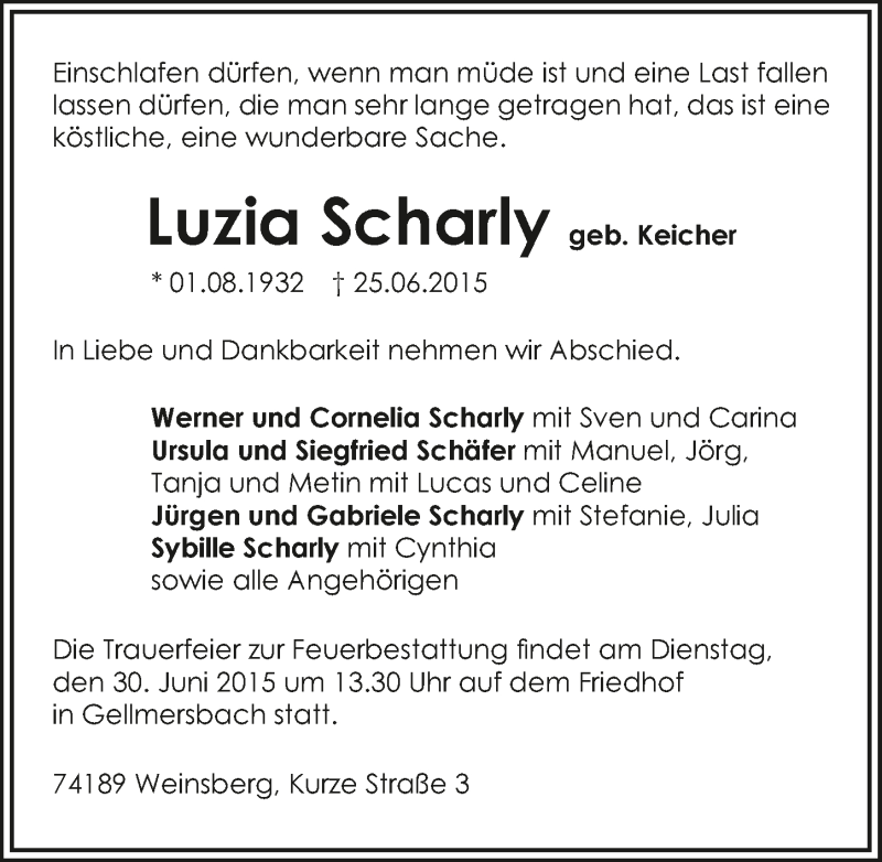  Traueranzeige für Luiza  Scharly vom 27.06.2015 aus 