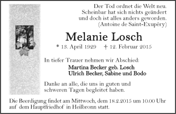Traueranzeige von Melanie Losch 