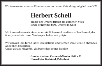 Traueranzeige von Herbert Schell 
