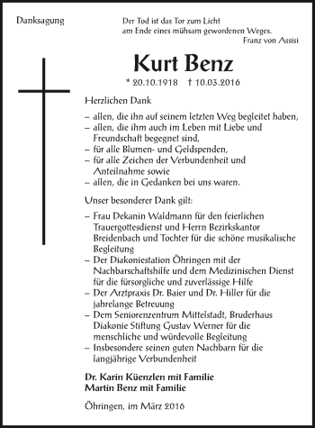 Traueranzeige von Kurt Benz 