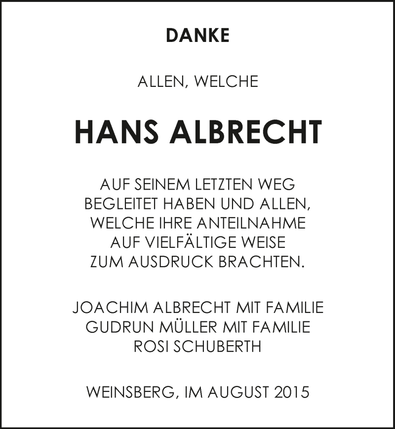  Traueranzeige für Hans Albrecht vom 08.08.2015 aus 