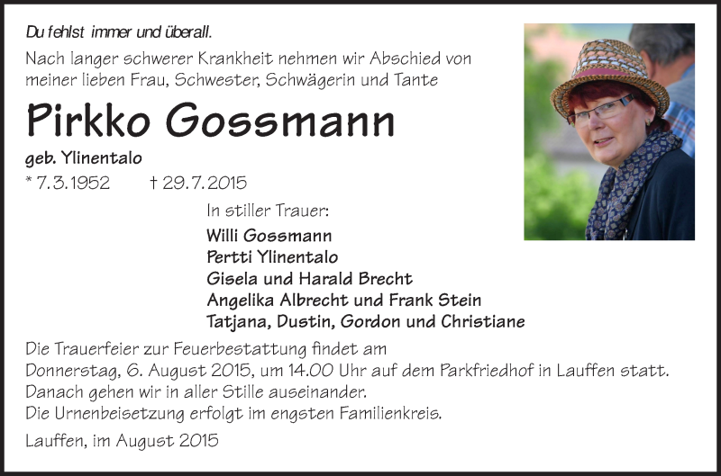  Traueranzeige für Pirkko Gossmann vom 01.08.2015 aus 
