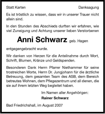 Traueranzeige von Anni Schwarz 