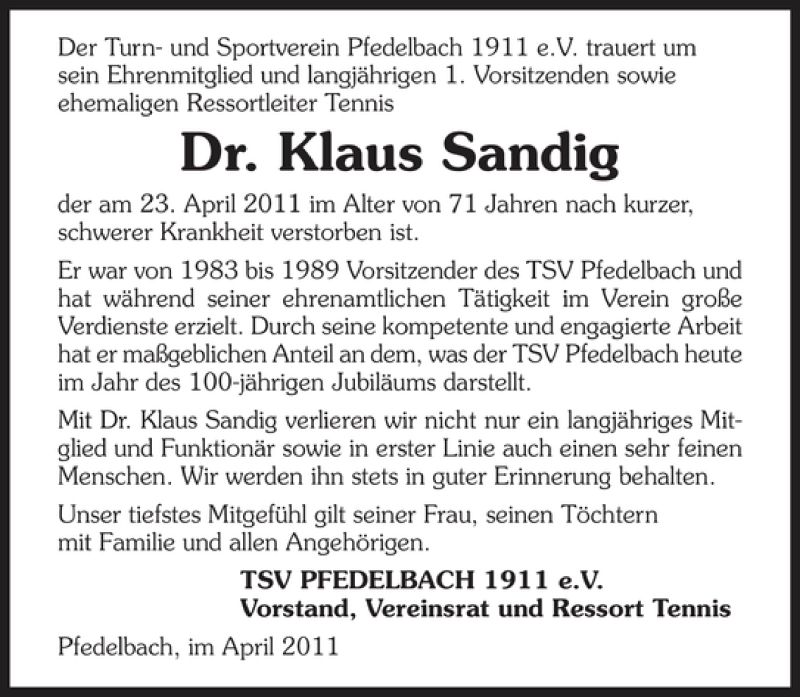  Traueranzeige für Dr. Klaus Sandig vom 29.04.2011 aus 