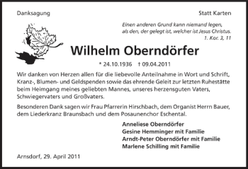 Traueranzeige von Wilhelm Oberndörfer 