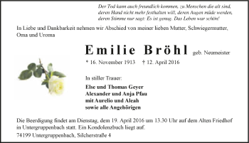 Traueranzeige von Emilie Bröhl 