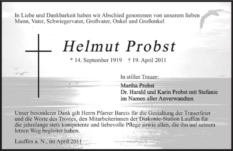  Traueranzeige für Helmut Probst vom 30.04.2011 aus 