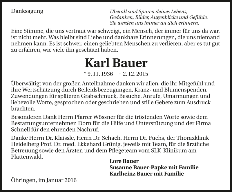  Traueranzeige für Karl Bauer vom 09.01.2016 aus 