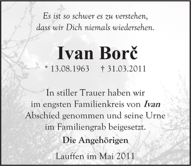  Traueranzeige für Ivan Borc vom 02.05.2011 aus 