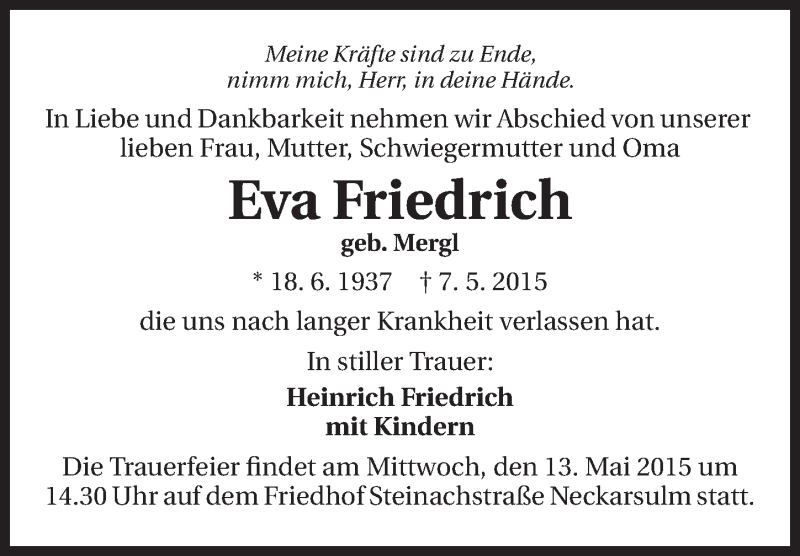  Traueranzeige für Eva Friedrich vom 11.05.2015 aus 