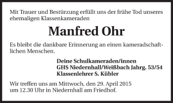 Traueranzeige von Manfred Ohr 
