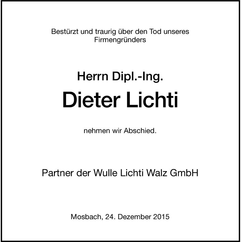  Traueranzeige für Dieter Lichti vom 24.12.2015 aus 