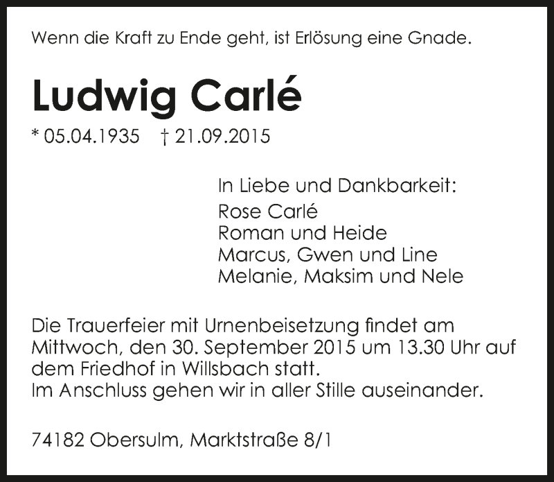  Traueranzeige für Ludwig Carlè vom 26.09.2015 aus 
