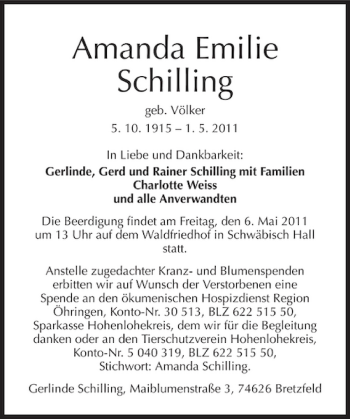 Traueranzeige von Amanda Emilie Schilling 