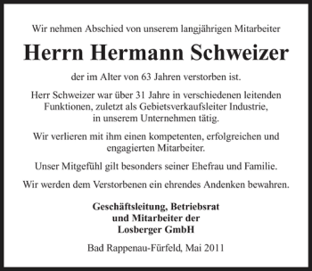 Traueranzeige von Hermann Schweizer 