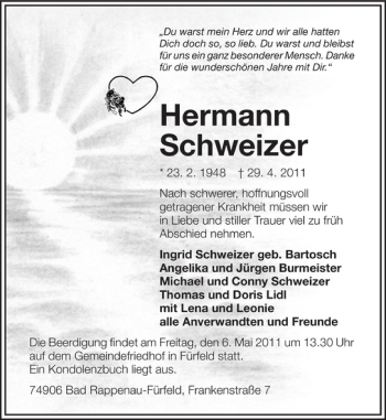 Traueranzeige von Hermann Schweizer 