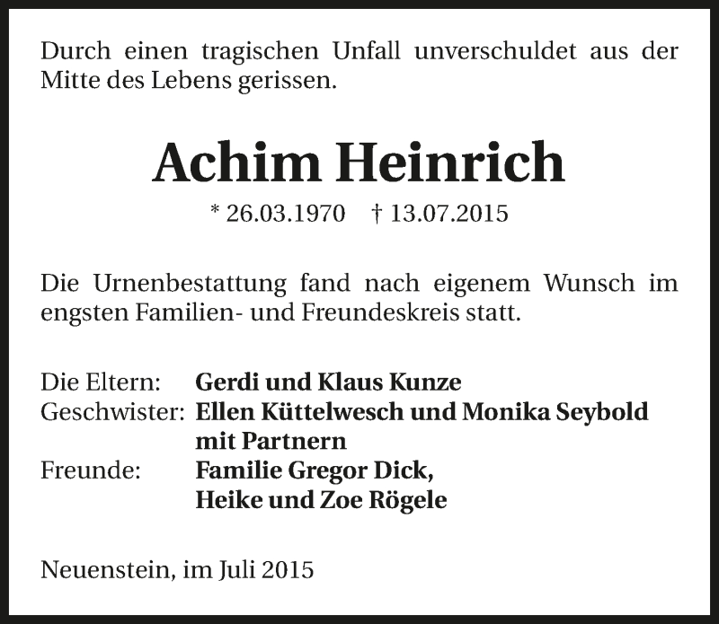  Traueranzeige für Achim Heinrich vom 25.07.2015 aus 