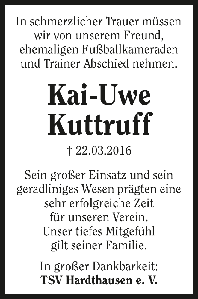  Traueranzeige für Kai-Uwe Kuttruff vom 30.03.2016 aus 