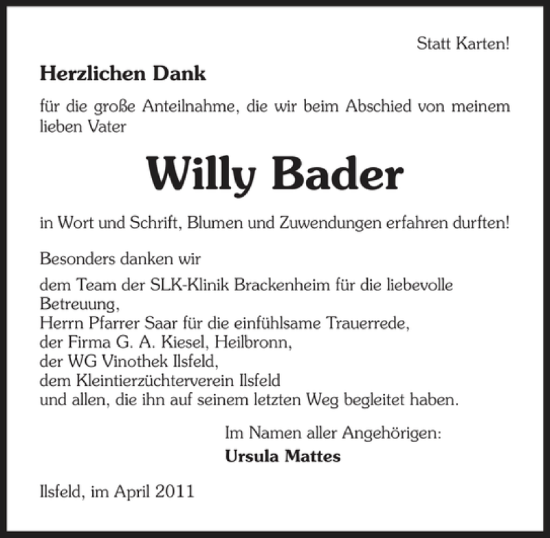  Traueranzeige für Willy Bader vom 05.05.2011 aus 