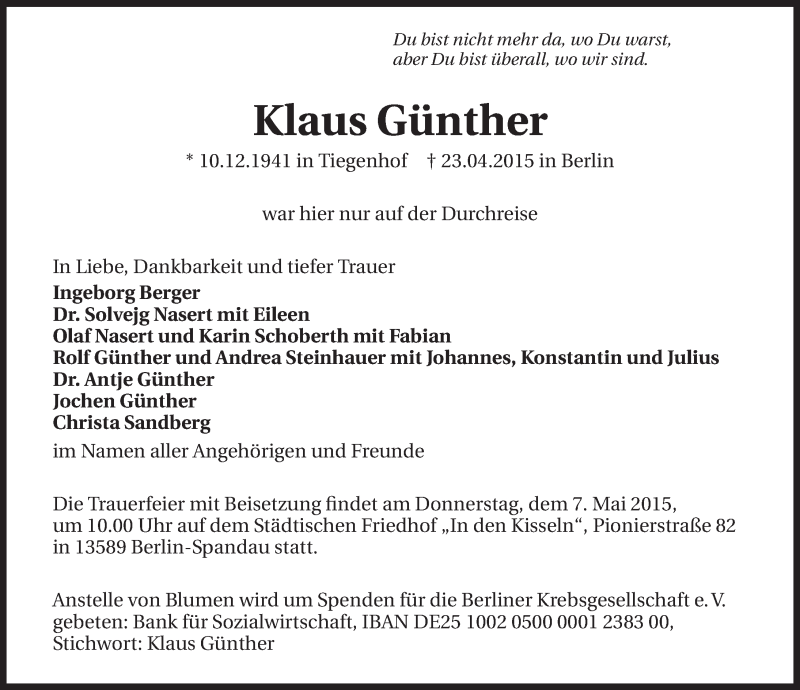  Traueranzeige für Klaus Günter vom 30.04.2015 aus 