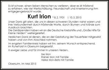 Traueranzeige von Kurt Irion 
