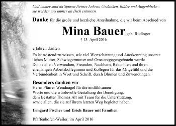 Traueranzeige von Mina Bauer 