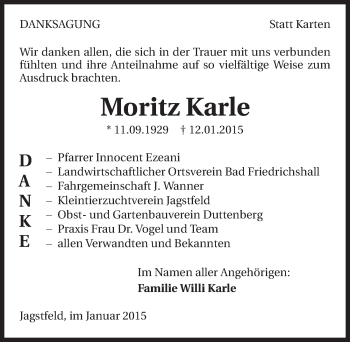 Traueranzeige von Moritz Karle 