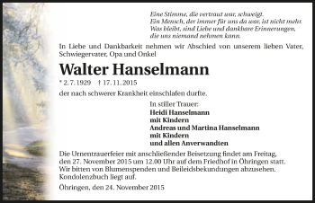 Traueranzeige von Walter Hanselmann 