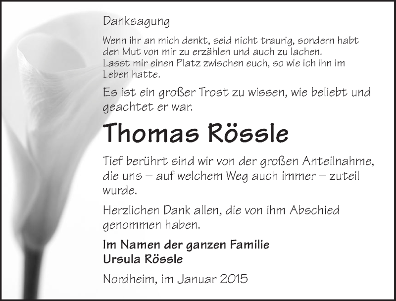  Traueranzeige für Thomas Rössle vom 20.01.2015 aus 