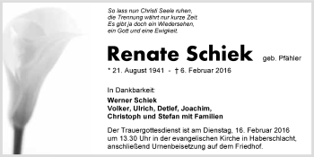 Traueranzeige von Renate Schiek 